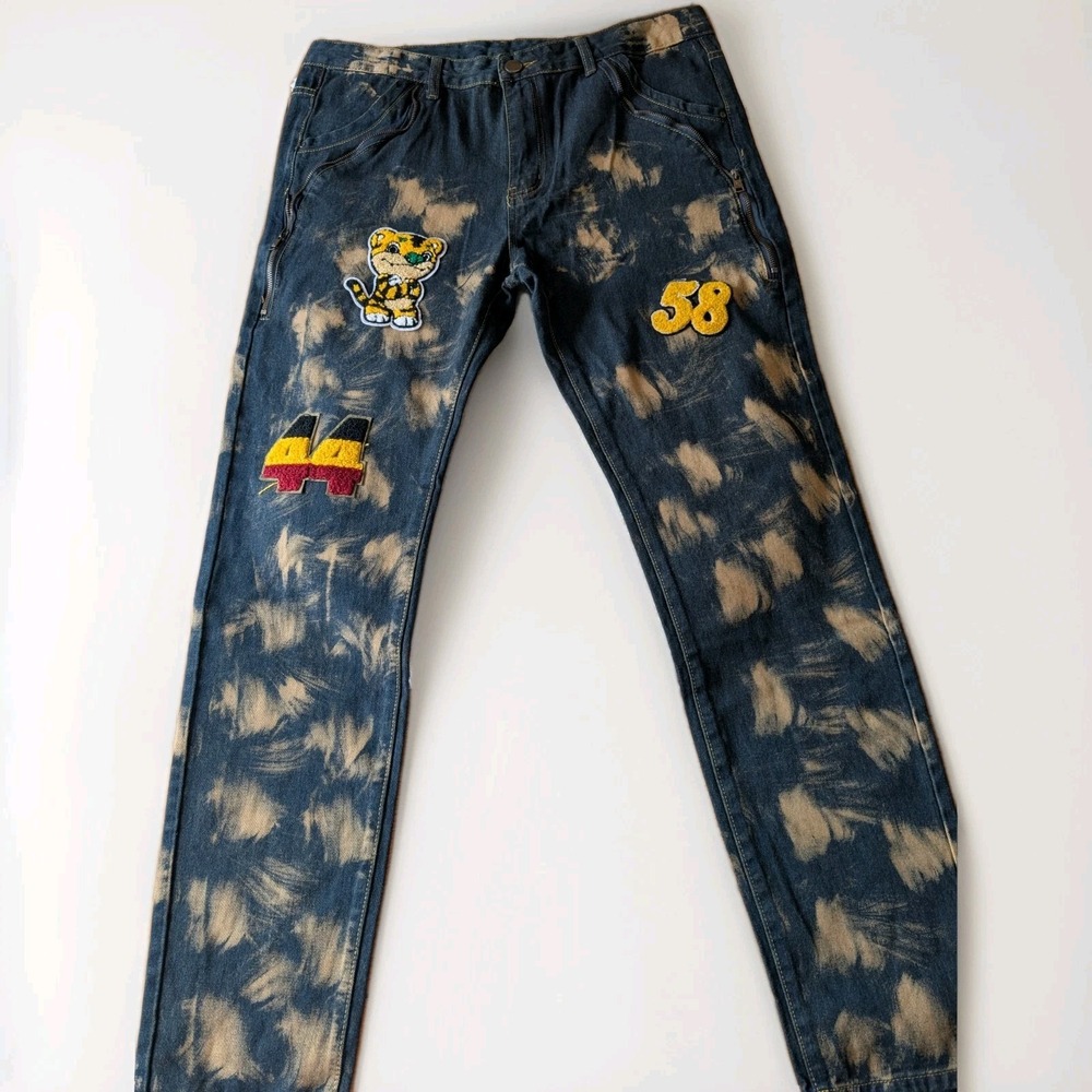 Hip Hop Mens Jeans Euro Straight Leg Dark Wash Gold Swatches Patches Sz 36x 33